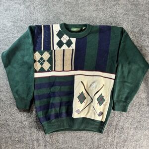 Clubfellow Sweater Mens Medium Green Argyle Golf Knit Crewneck Pullover Preppy